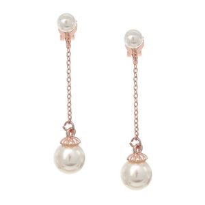 Rose Gold-Plated Double Pearl Chain Drop Clip On Earrings