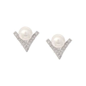 White Gold-Plated V Shaped CZ with Simulated Pearl Clip On Earrings