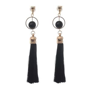 Black Boho Tassel with Bead and Circle Statement Drop Clip On Earrings