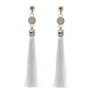 White Tassel with Opalesque Statement Drop Clip On Earrings