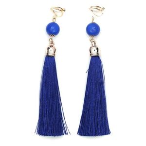 Blue Tassel with Bead Statement Drop Clip On Earrings