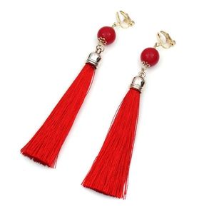 Red Tassel with Bead Statement Drop Clip On Earrings