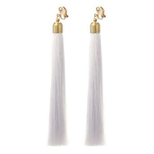 White Tassel with Gold Tone Ribbed Cap Statement Drop Clip On Earrings
