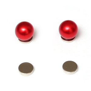 Red round simulated pearl magnetic earrings for non-pierced ears