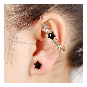 Gold-tone black and white star crystal ear cuff wrap earring