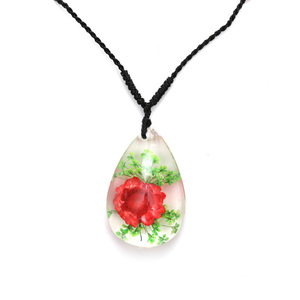 Red pressed flower in clear resin teardrop pendant necklace handmade with real flower