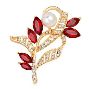 Gold-tone Red Crystal Leaf with Simulated Pearl 