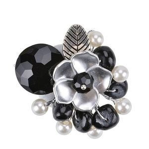 Silver-tone Flower with Black Beads and Faux Pearl 