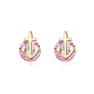 Gold-plated anchor with round pink cubic zirconia stud earrings