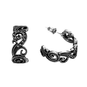 Imitation antique silver swirls with black crystals stud earrings