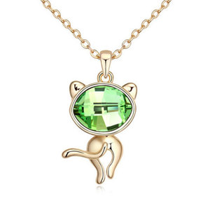 Gold-plated necklace with green Swarovski Elements Crystal cat pendant