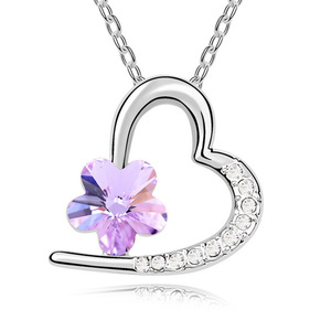 Gold-plated necklace with violet Swarovski Elements Crystal flower and heart pendant