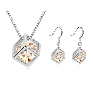 Champagne cubic zirconia cube gold-plated pendant necklace and earrings jewellery set