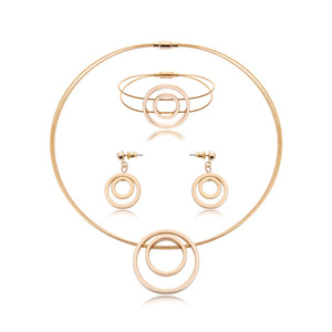 Stylish gold-tone double circle necklace, earrings and bracelet jewellery set