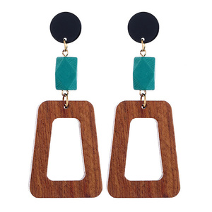 Blue Bead with Wooden Trapezoid Drop Earrings