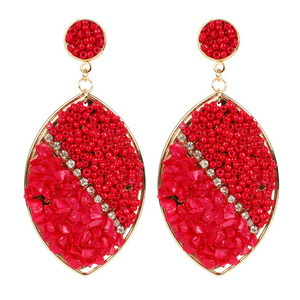 Red Seed Bead and Stone Leaf Drop Earrings