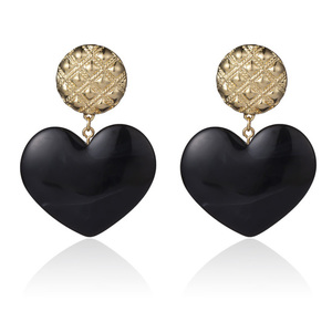 Black Marble Effect Heart with Grid Pattern Button Drop Earrings