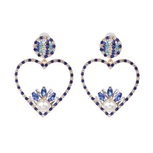 Blue Crystal Pave Heart with Pearl Statement Earrings