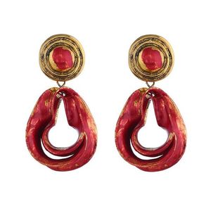 Red Painted Petals Gold Tone Vintage Style Statement Drop Earrings
