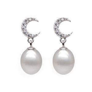 AAA White Drop Freshwater Cultured Pearl CZ Crescent Hallmarked Sterling Silver Earrings
