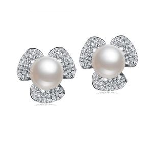 AAA White Freshwater Cultured Pearl Cubic Zirconia Flower Hallmarked Sterling Silver Stud Earrings