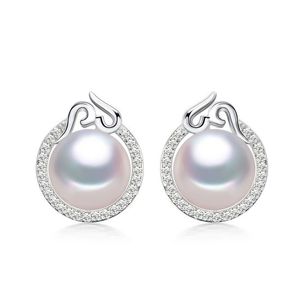 AAA White Freshwater Cultured Pearl CZ Swirl Hallmarked Sterling Silver Stud Earrings