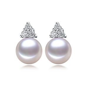 AAA White Freshwater Cultured Pearl CZ Triangle Hallmarked Sterling Silver Stud Earrings