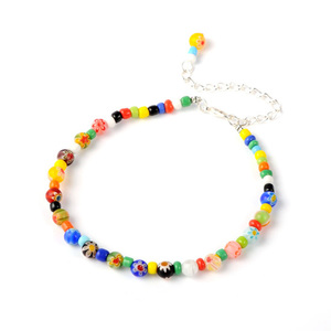 Handmade multicoloured Millefiori glass beads anklet