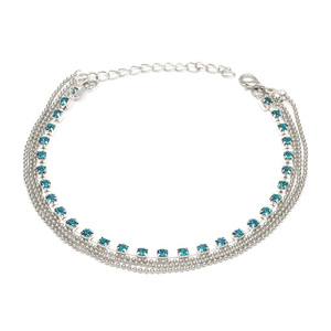 Sky blue crystals silver-tone anklet with triple strand ball chain