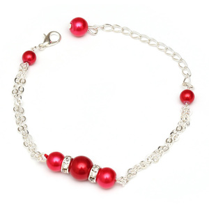 Red glass pearl bead and rhinestone link bracelet with silver-tone double chain