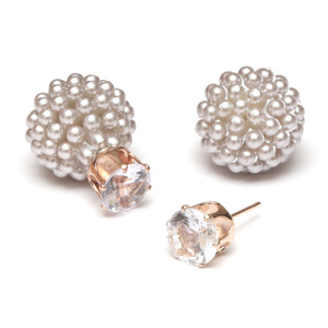 Gray berry ball bead with CZ double sided stud earrings