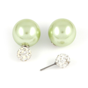 Light green ABS acrylic pearl bead with crystal ball double sided stud earrings