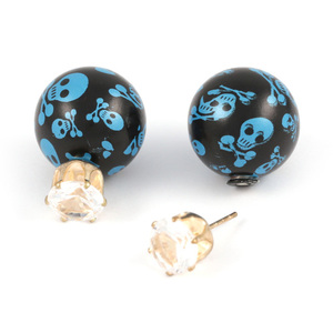 Dodger blue skull resin ball with CZ double sided ear studs
