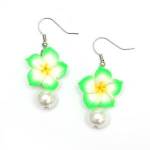 Handmade White and Bright Green Polymer Clay Plumeria Flower with Pearl Drop Earrings