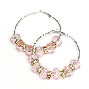 Basketball Wives Hoop Earrings with Glass European Beads and Grade A Brass Rhinestone Beads, Pink