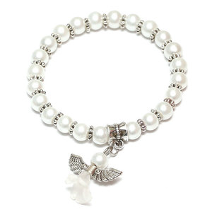 Lovely Bridal White Glass Pearl Beads Stretchy Bracelet for Kids with Angel Charm