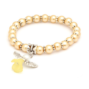 Lovely Bridal Champagne Yellow Glass Pearl Beads Stretchy Bracelet for Kids with Angel Charm