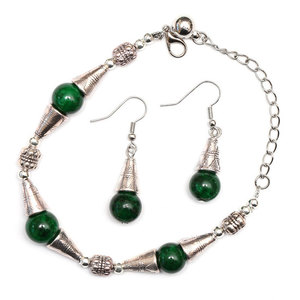 Green Natural Jade Jewelry Sets Earrings & Bracelet with Antique Silver Tone Tibetan Style Beads