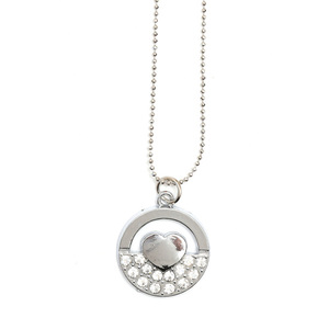 Silver tone diamante circle with heart  pendant necklace