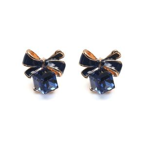 Blue Crystal Cube and Enamel Bow Stud Earrings