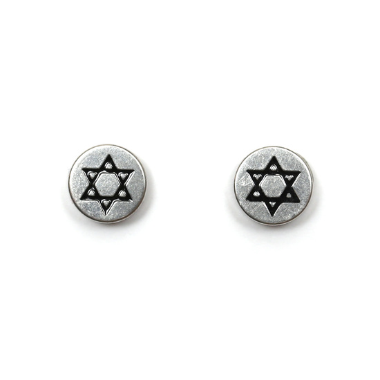 Mens 316L Stainless steel stud magnetic clip-on earrings, 8 mm silver and black star of David, sold as a pair