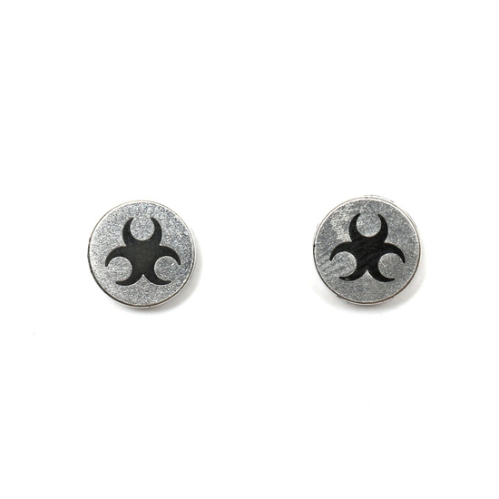Mens 316L Stainless steel stud magnetic clip-on earrings, 8 mm silver and black Biohazard, sold as a pair