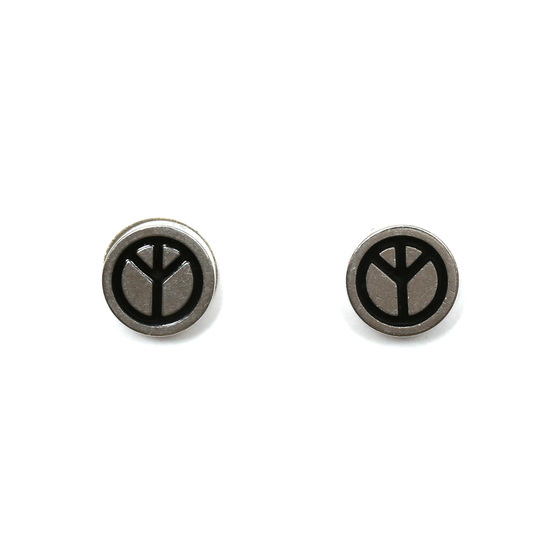 Mens 316L Stainless steel stud magnetic clip-on earrings, 8 mm silver and black peace symbol, sold as a pair