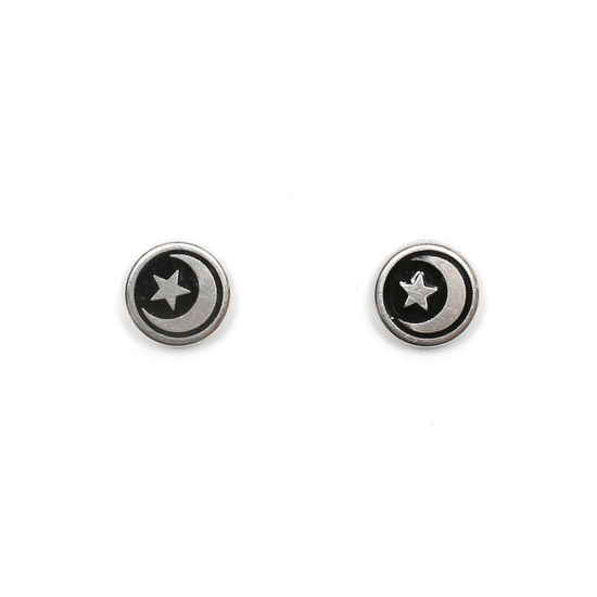 Mens 316L Stainless steel stud magnetic clip-on earrings, 8 mm black and silver star & crescent, sold as a pair