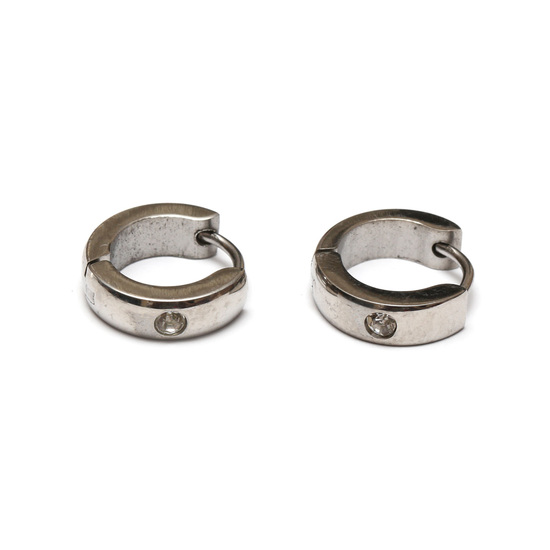 Mens 316L Stainless steel huggie hoop earrings silver colour with rhinestone studded