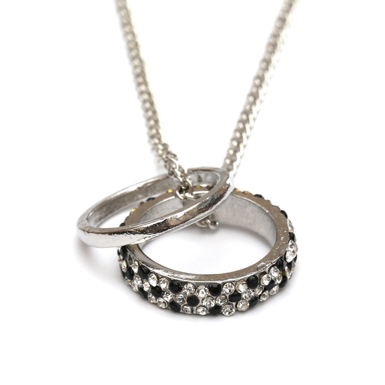 Silver-tone Double rings circle pendant necklace with black and white rhinestone studded