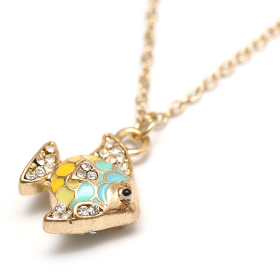 Gold-tone yellow and blue enamel fish pendant with rhinestone studded necklace vintage style