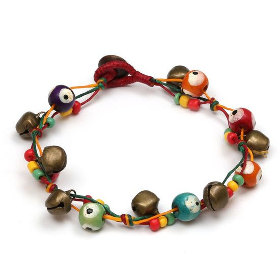 Handmade multicoloured eye wooden bead with brass bell wax cord anklet
