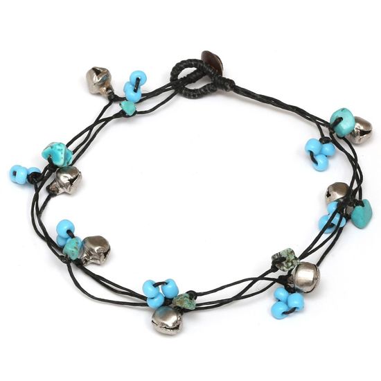 Handmade turquoise bead with bell wax cord anklet