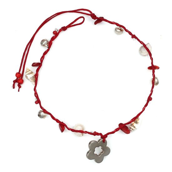 Handmade Red Stones and Shells with Flower Charm Wax Cord Anklet